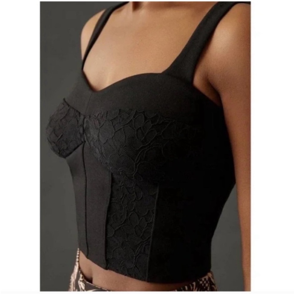 Anthropologie Sweetheart Crop Tank Black  & lace panels with Gold Zip Back